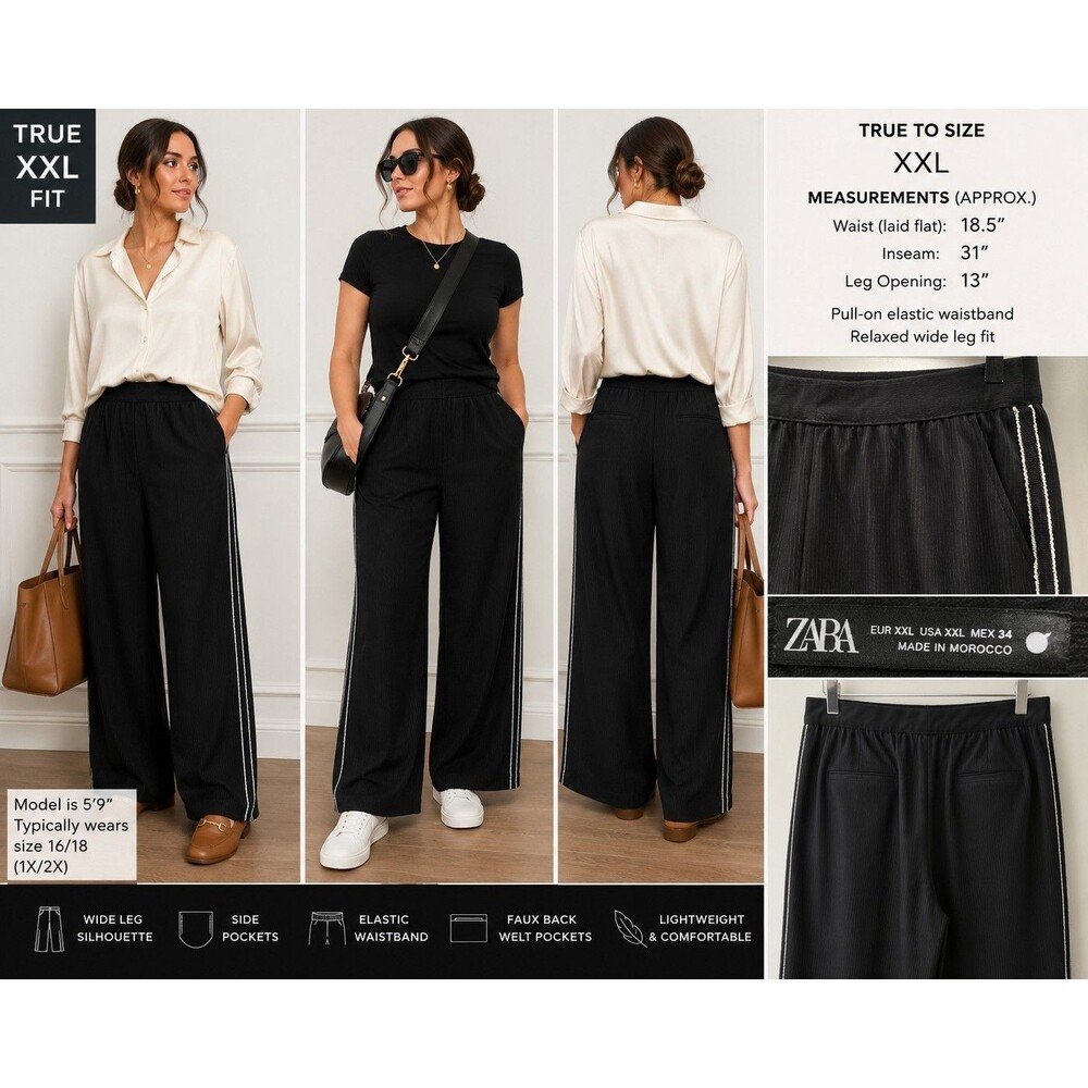 Zara Women XXL Black Pinstripe Wide Leg Pull On Pants Casual Comfort Elastic